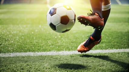 Obraz premium Close-Up of Soccer Player's Foot Kicking the Ball with Intense Focus 