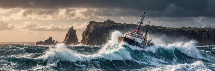 large ship is sailing on the open sea, with the land in the distance. The ship is in a stormy sea, with waves crashing against the shore.