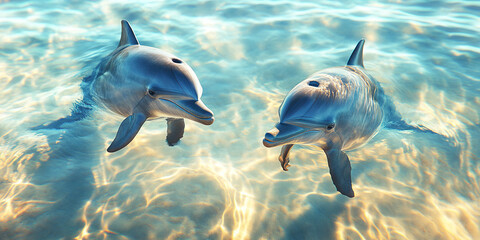 Obraz premium Sea Sleuths: Two dolphins work together, using their sonar to locate hidden treasures on the ocean floor.