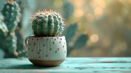 A small green cactus in a ceramic pot on a table / floor with green blurred background, suitable for copy space image.