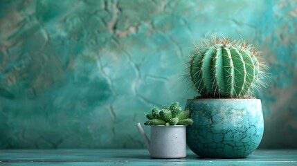 A small green cactus in a ceramic pot on a table / floor with green wall background, suitable for copy space image.