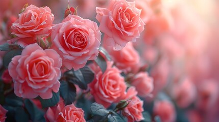 Macro photograph of pink roses background. Closeup photo of beautiful roses in full bloom. Copy space for text.