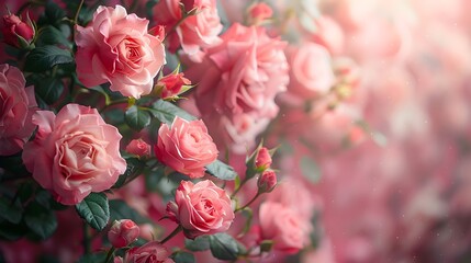Macro photograph of pink roses background. Closeup photo of beautiful roses in full bloom. Copy space for text.