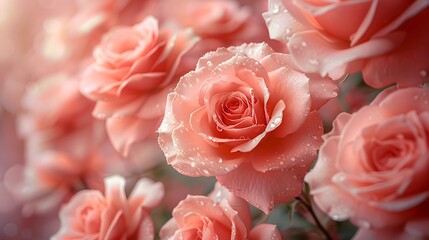 Macro photograph of pink roses background. Closeup photo of beautiful roses in full bloom. Copy space for text.