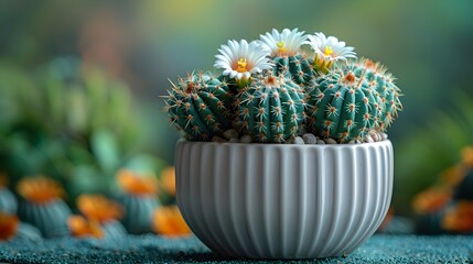 A small green cactus with blossom in a ceramic pot on a table / floor with green blurred background, suitable for copy space image.