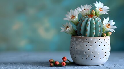 A small green cactus with blossom in a ceramic pot on a table / floor with green blurred background, suitable for copy space image.
