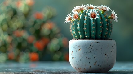 A small green cactus with blossom in a ceramic pot on a table / floor with green blurred background, suitable for copy space image.