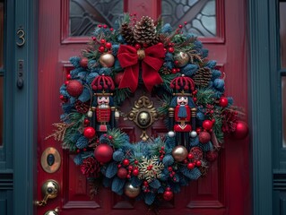 A vibrant Christmas wreath adorned with nutcrackers, bows, and ornaments, enhancing the festive spirit of a welcoming doorway.