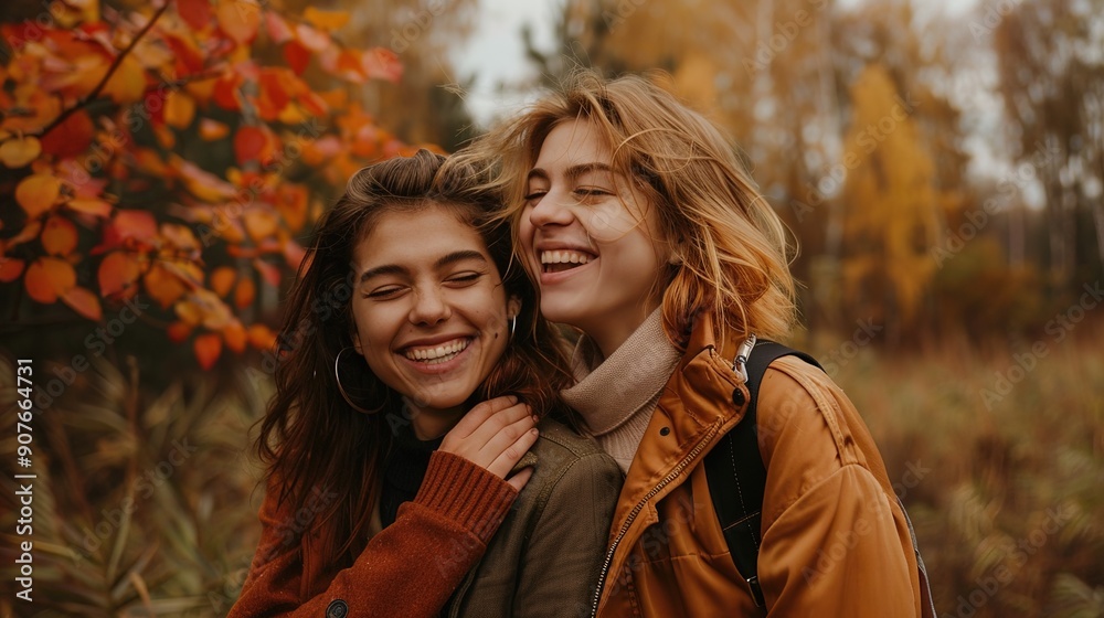 Poster Happy lesbian couple in love, girlfriends walking in nature, hugging and laughing, autumn season. Romantic scene between two lovers together, female gay tenderness