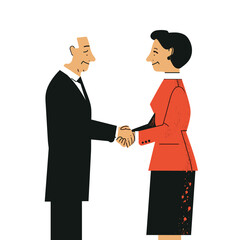 Middleaged businessman black suit shaking hands, smiling businesswoman red blazer skirt. Business meeting agreement, male female handshake. Corporate illustration, positive connection isolated white