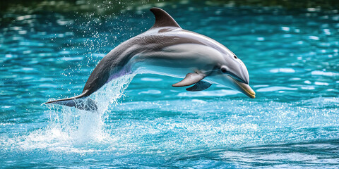 Fototapeta premium Oceanic Agility: A dolphin jumps out of the water and somersaults effortlessly through the air