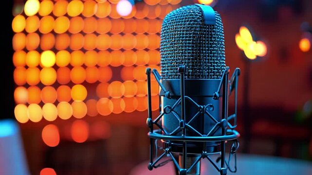 The recording studio is vacant with copy space, and there is a studio microphone with a pop shield.