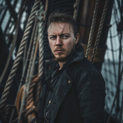 A stern man dressed in rugged, dark clothing stands aboard a ship, surrounded by ropes and wooden decks, emanating a sense of resolve and adventure.