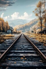 Peaceful autumn landscape featuring abandoned rail tracks surrounded by colorful trees in a mountain valley
