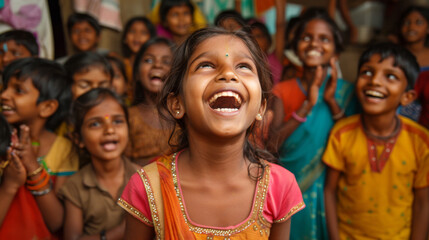 A group of  Indian children with laughing faces looking up 