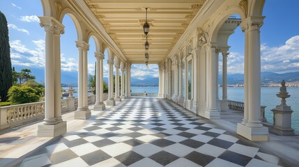 Obraz premium Beautiful lakeside colonnade with checkered floor