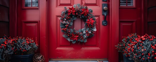 A vibrant red doorway adorned with a festive wreath and decorative foliage, welcoming the holiday spirit with warmth and charm.