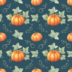 Vibrant orange pumpkins with green foliage clipart. Watercolor seamless pattern great for textile designs, gift wrapping, party supplies, and autumn-inspired stationery