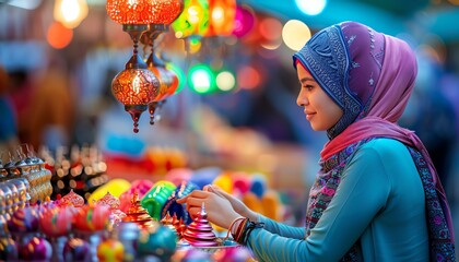 Dynamic Ramadan bazaar with vendors selling a variety of goods, including treats and gifts, festive lights and lively crowd