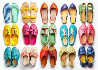 Fototapeta premium Diverse collection of vibrant summer shoes in various styles and colors arranged on a bright white background, isolated and ready for editing with clipping path.