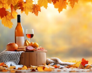 Romantic autumn picnic under a large oak tree with golden leaves