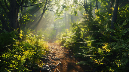 Obraz premium A scenic hiking trail winding through a lush green forest, with sunlight filtering through the leaves and a clear path ahead. 8k UHD, suitable for high-quality printing or digital display. 