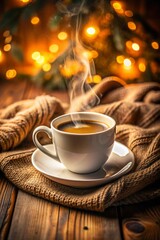 Obraz premium Coffee cup background, steaming cup of coffee with a saucer, cozy and comforting.