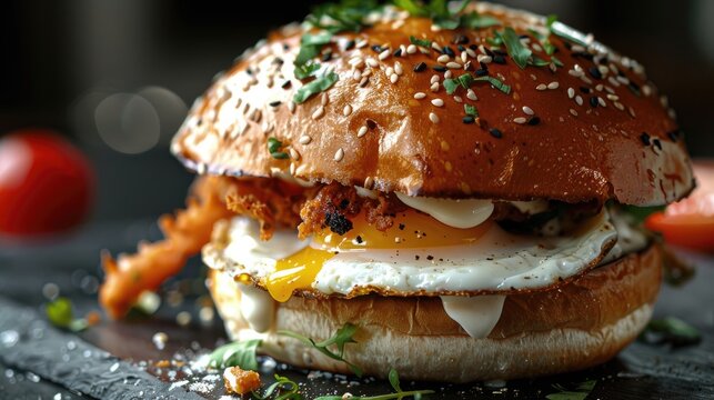 Close up photograph of delicate soft shell crab burger topped with fried egg