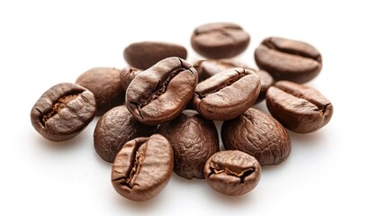 Naklejka premium Close up photo of coffee beans roasted with white backdrop