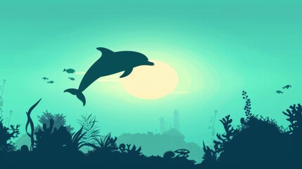 Minimalism illustration, silhouette of a dolphin leaping out of the ocean near a coral reef, flat illustration on vibrant turquoise background, empty copy space, lofi style illustration