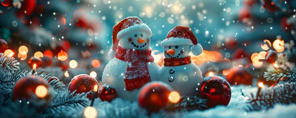 Charming snowmen celebrate winter in a festive atmosphere, surrounded by colorful ornaments and softly falling snowflakes.