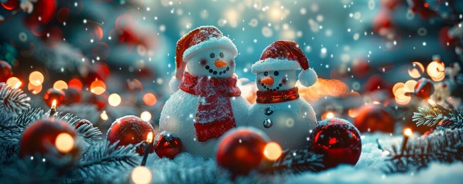 Charming snowmen celebrate winter in a festive atmosphere, surrounded by colorful ornaments and softly falling snowflakes.