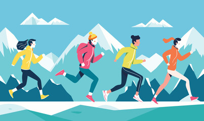 Runners sprinting cold weather through mountainous landscape dressed winter sports clothing. Athletic individuals exercising snowy nature scene, vibrant colors, energetic mood. Winter sports