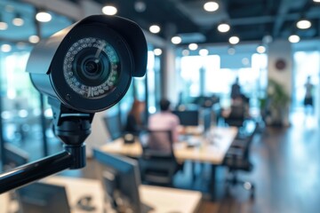 A CCTV camera installed in a sleek, modern office, with a view of employees working at their desks 