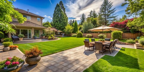 Serene backyard oasis featuring a paved patio surrounded by lush green grass, perfect for outdoor relaxation and entertainment on a sunny day.