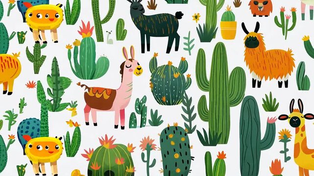 Colorful cartoon desert animals cacti pattern
