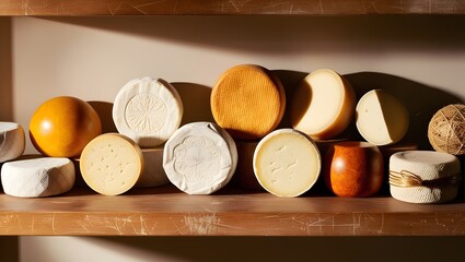 cheeses arranged on a shelf