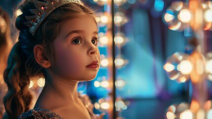 Obraz premium A young girl, adorned with a crown, gazes in awe at the bright lights in a vibrant dressing room