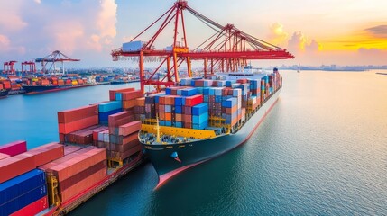 Fototapeta premium Container ship docked with colorful cargo at sunset.