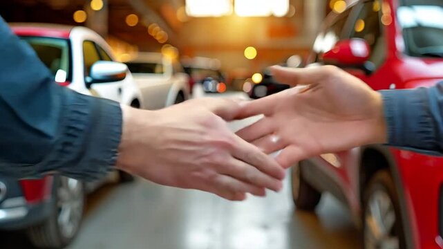 After examining the red car with its hood open, the mechanic shook hands with the customer. Concentrate on the satisfied customer and happy mechanic.