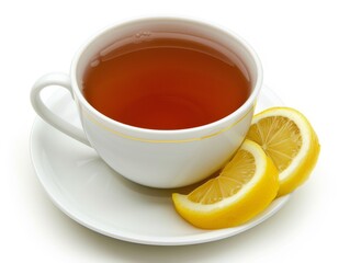 A cup of Earl Grey tea with a lemon slice on a white background