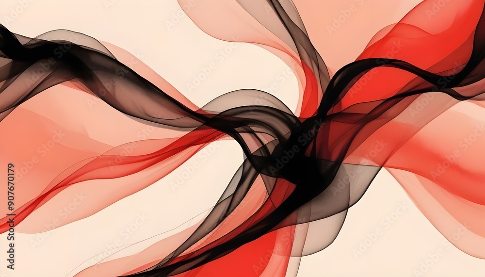 Poster a flowing abstract design with black and red lines and a pale background.