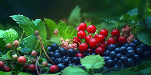 Fototapeta premium Natural Elegance: An artistic arrangement of berries amidst a bed of greenery.