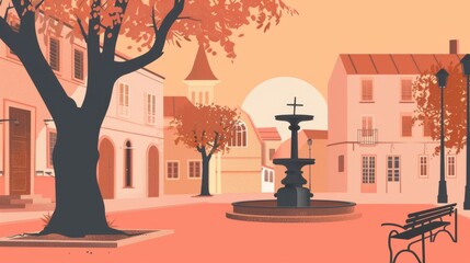 Minimalism illustration, silhouette of a small town square with a fountain and benches, flat illustration on warm terracotta background, empty copy space, lofi style illustration