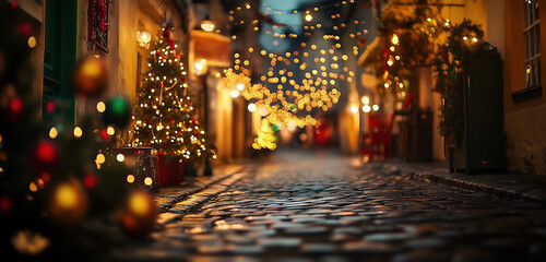 Obraz premium Street in the night. Christmas-decorated street at night.