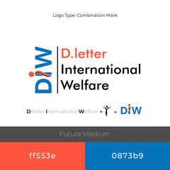 D. letter international welfare logo design mockup with some branding add colors ff553e and 0873b9 use font futura medium fully editable file 