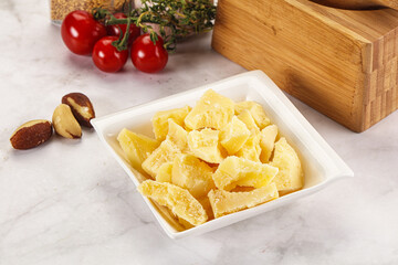 Crushed parmesan cheese in the bowl