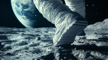 Close-up shot of an astronaut's foot as he steps on the lunar surface while the Earth is visible in the distance.
