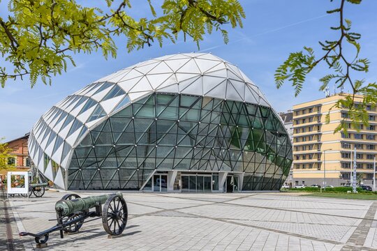 Budapest, Hungary, April 2024 view of a Balna house or the Glass Whale.
