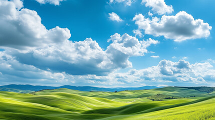 Obraz premium Panoramic view of vast green hills and meadows stretching out under a bright blue sky dotted with white, fluffy clouds.